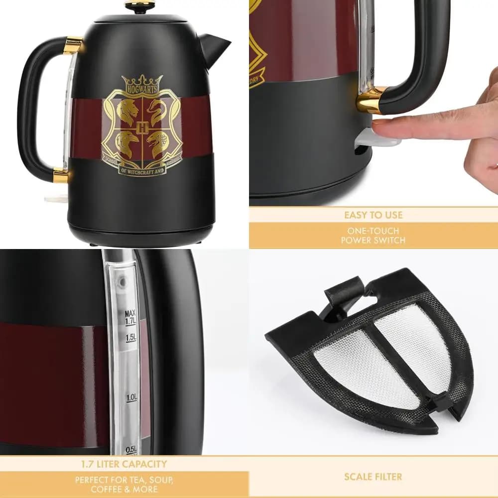 Electric kettle 1.7 liters and 1500 W: water window, automatic shutdown, protection against dry boiling, base with 360° rotation, black and gold