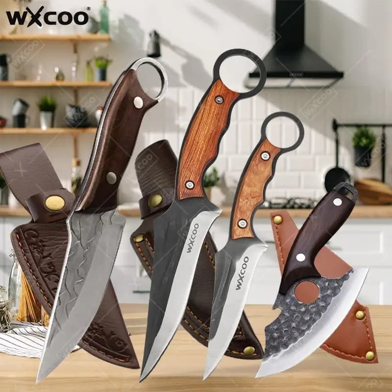 WXCOO Hand Forged Boning Knife Kitchen Accessories Meat Cleaver Knife with Wooden Handle Stainless Steel Cover for Kitchen Use