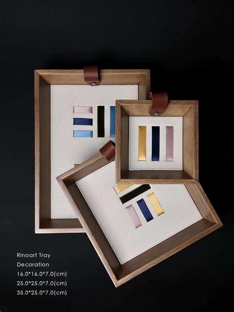 Rinoart Hermé Wood Serie Berlin Apartment, Vassoio Portagioie in Pelle Sottile con Strato Superiore e Nastro di Seta Colorato, Stile Vintage