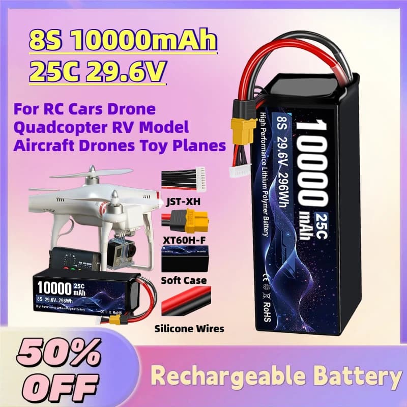 Batteria LiPo FPV ad Alte Prestazioni 8S 10000mAh 25C 29.6V per Auto RC, Droni, Quadricotteri, Modelli di Aerei RV, Droni Giocattolo