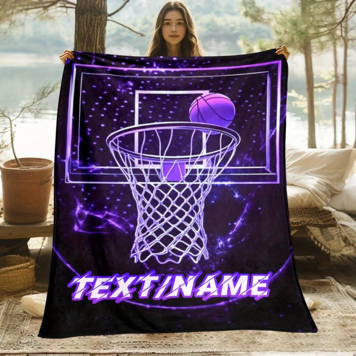 Coperta in flanella da basket viola con nome personalizzato, adatta per divani, letti, compleanni, bambini, amici e regali