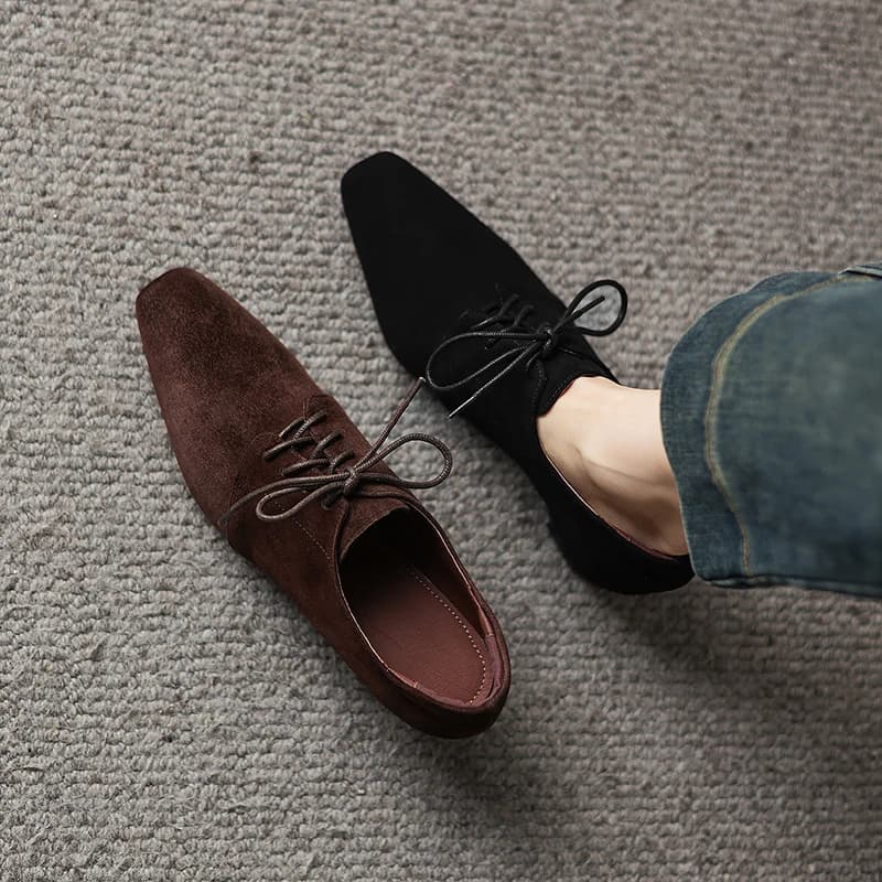 2026 new spring autumn women pumps natural leather plus size 22-26cm kid suede+pigskin square toe lace-up loafers women shoes