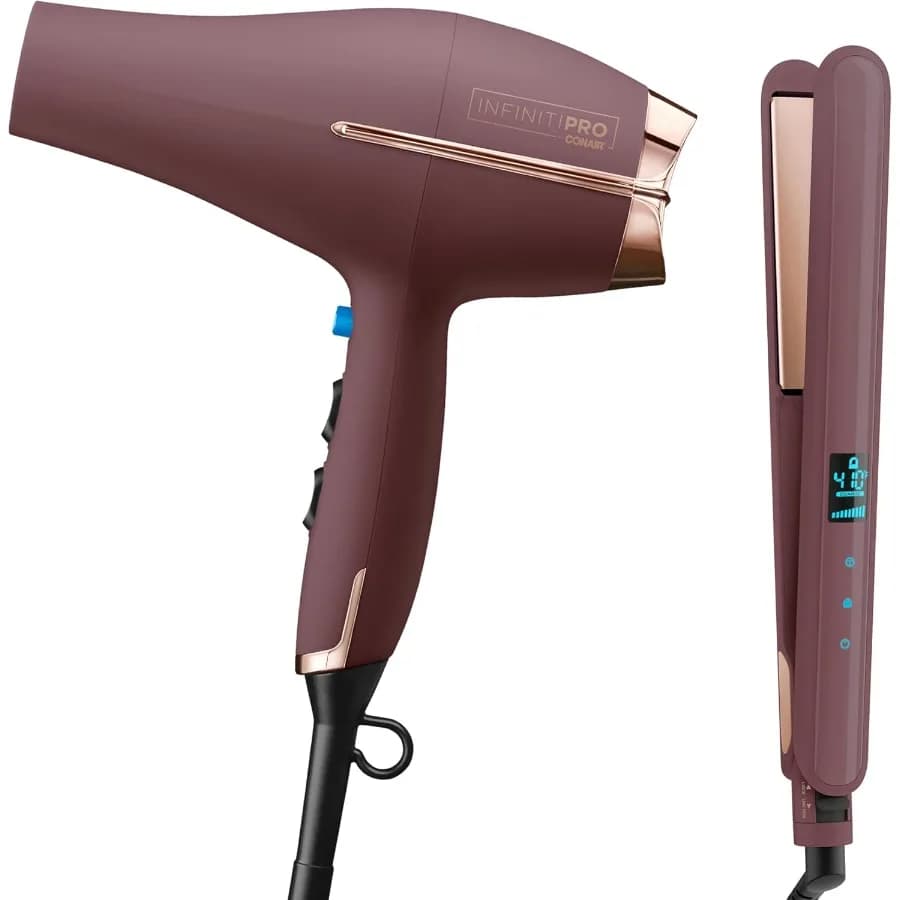 Limited Edition Bundle INFINITIPRO Hair Dryer with Diffuser and Double Ceramic 1-inch Digital Flat Iron Plum Exclusive