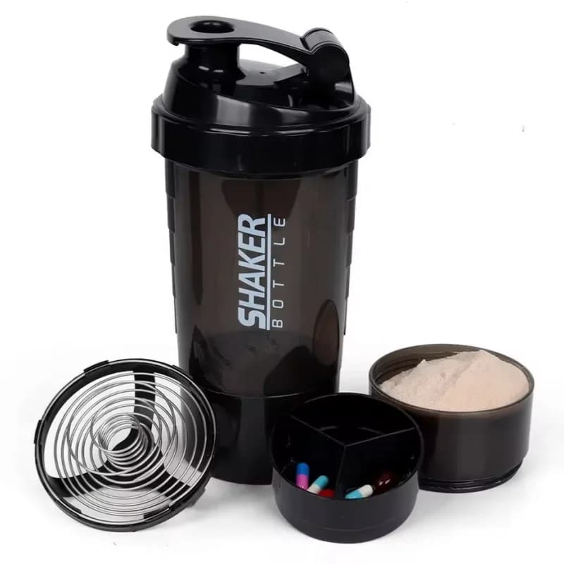3 Layered Shaker Protein Bottle, Cup To Shake Powder, Water Bottle, Plastic Mixing Cup, Body Building Exercise Bottle