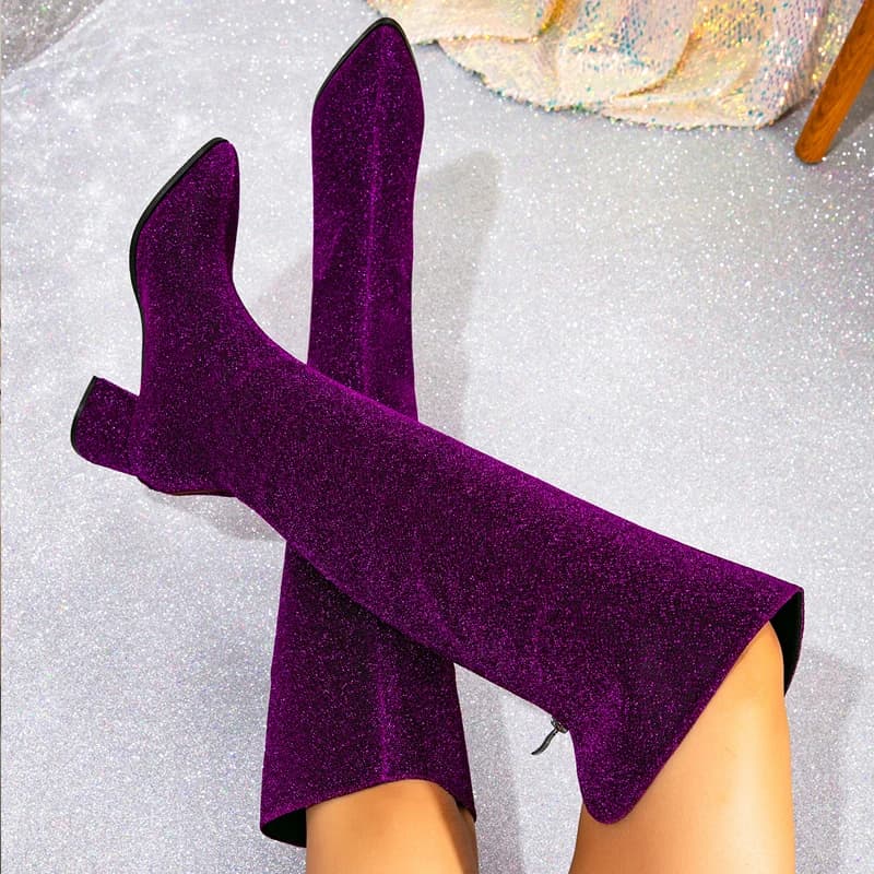 Eilyken Inverno Paillettes Panno Punta a punta Donna Stivali sopra il ginocchio Moda Tacchi quadrati Cerniera Stivali lunghi Scarpe Botas De Mujer