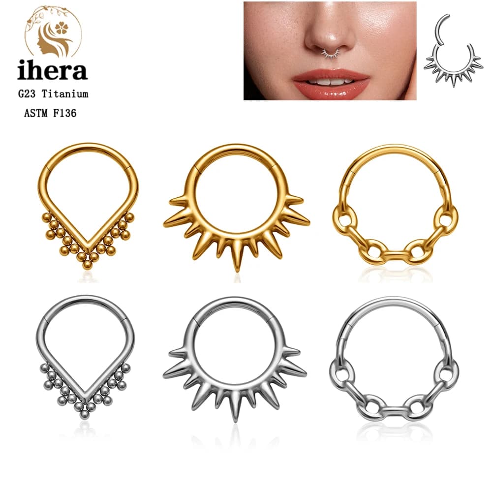 Piercing a cerchio in titanio ASTM F136 Sunburst 16G con cerniera a clicker per naso, Daith, cartilagine, Helix, Septum