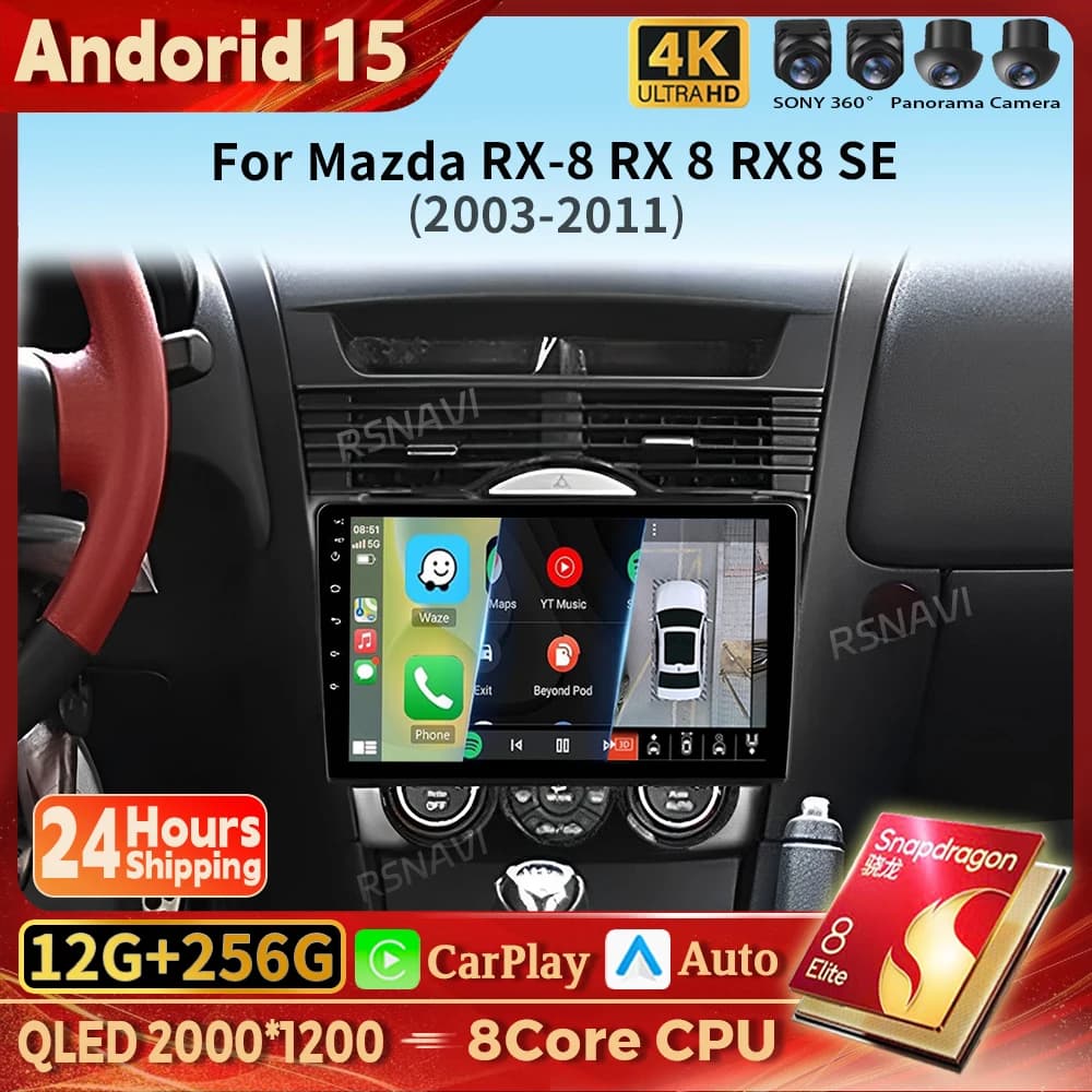 Android 15 Carplay Auto 2K Schermo Autoradio BT Lettore Multimediale Per Mazda RX-8 2003 - 2008 Autoradio GPS Stereo BT Snapdragon