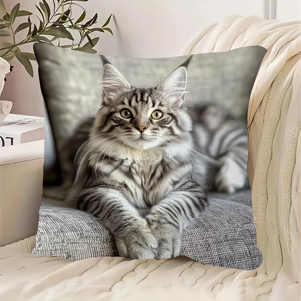 1 pz. Federa per cuscino in peluche 18x18 con tigre argentata e gatto Maine Coon, morbida, per divano, sedia, decorazione casa, senza imbottitura