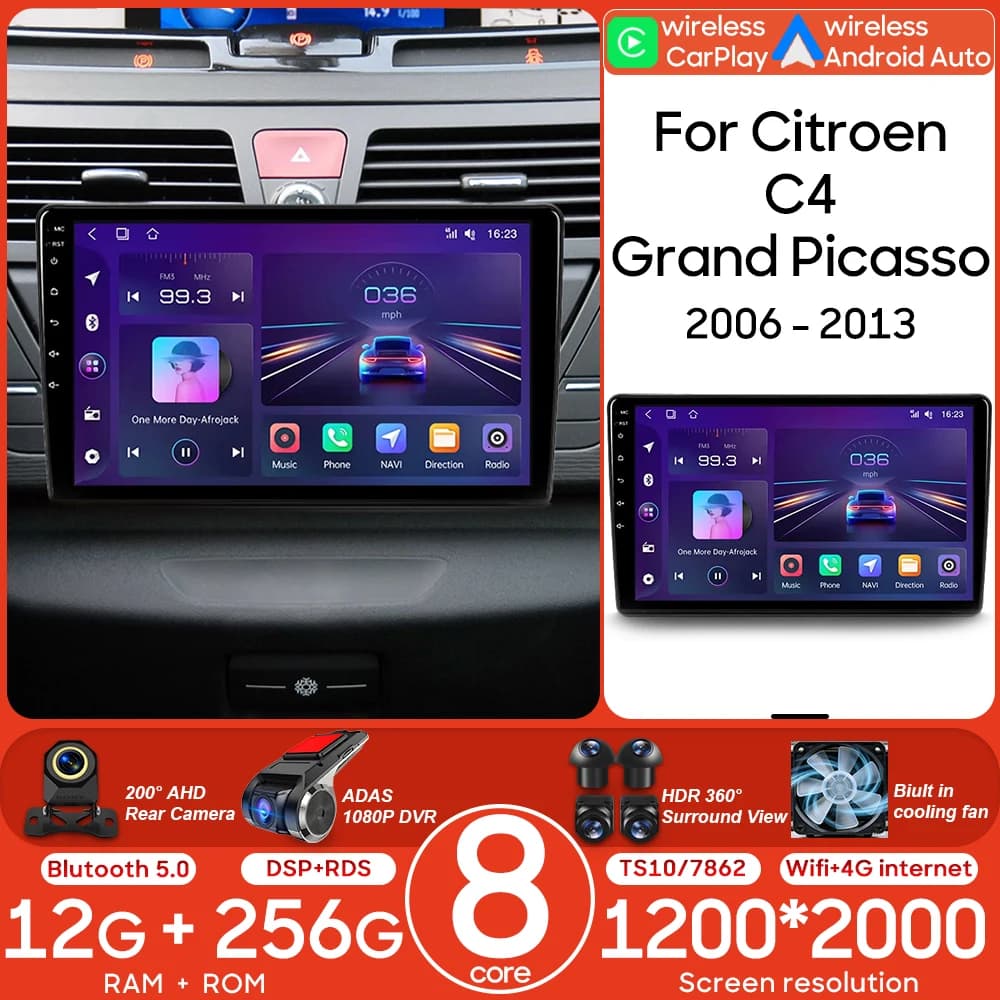 Autoradio Android con Lettore Multimediale Video, Carplay, Navigazione GPS, Stereo DSP per Citroen C4 Grand Picasso 2006 - 2013