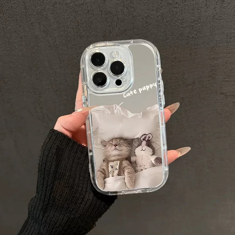 Cover per telefono a specchio anti-caduta con gattino e coniglietto per iPhone 11/12/13/14/15/16/17 Pro Max AIR PLUS