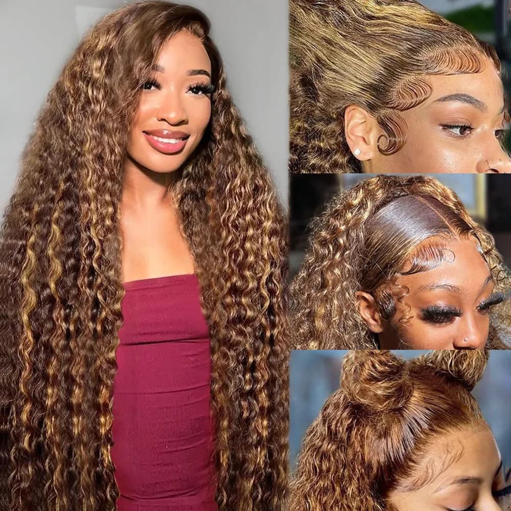 36 inches deep wave P4/27 highlight Shadows 13x6 13x4 HD transparent front wigs in lace curls front wigs in lace for women pre pinched