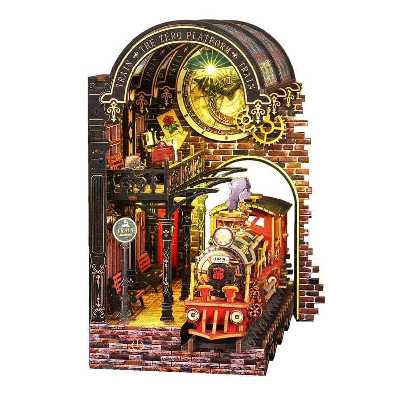 Kit di mobili in miniatura per casa delle bambole in legno con piattaforma zero fai-da-te Stazione ferroviaria 3D Modello Libro Nook Assemblare giocattolo Regalo di Natale per adulti