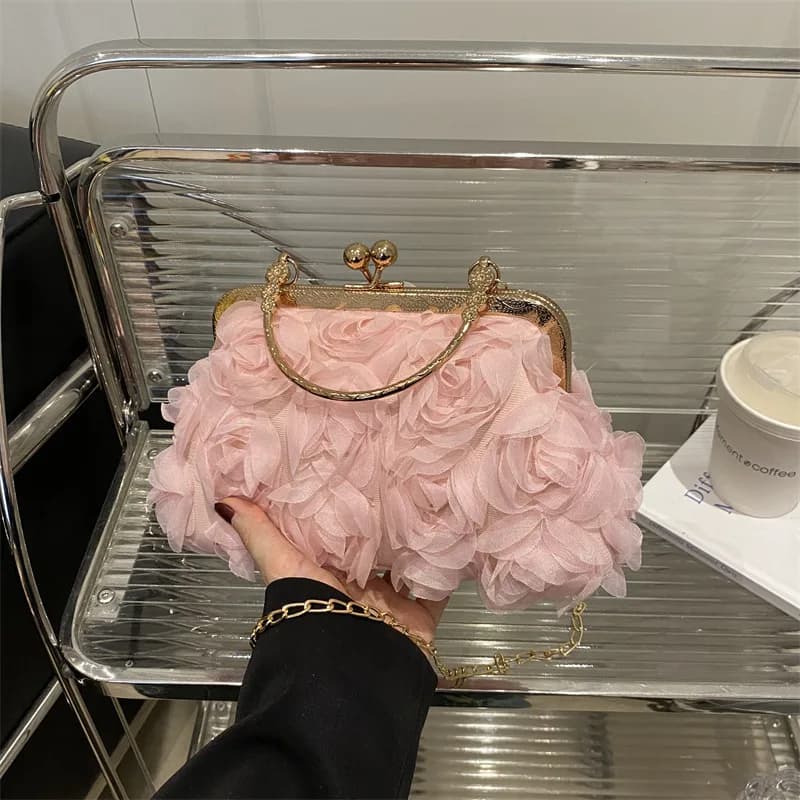 Floral Kiss Lock Clutch Bag Elegant Women's Evening Handbag with Chain