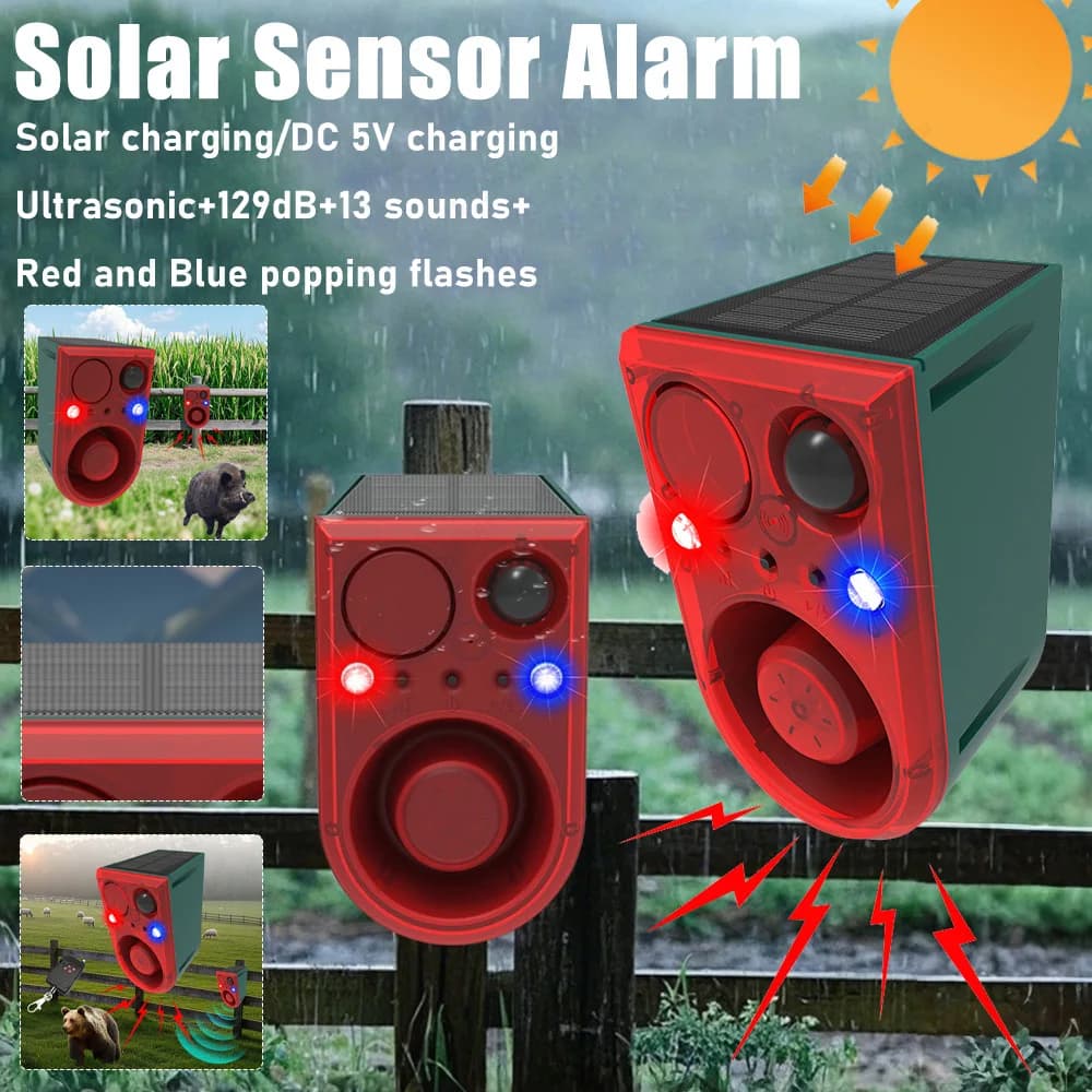 Allarme Solare da Esterno con Sensore di Movimento e Telecomando, Allarme di Sicurezza Domestica con Suono Forte 129dB per Giardino, Fattoria e Cortile