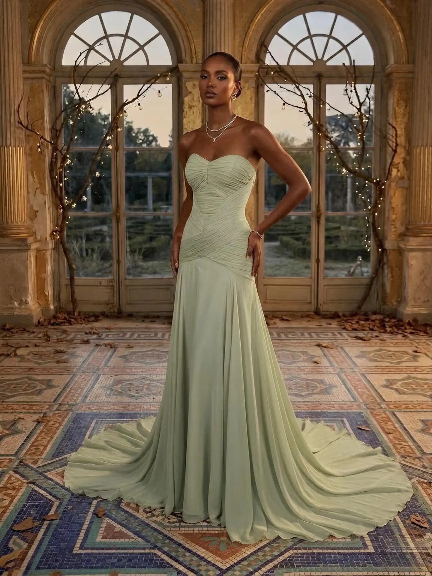 Abito da ballo in chiffon con scollo a cuore e sciarpa Ofherown da donna, con vita arricciata e strascico a cappella, nuovo design