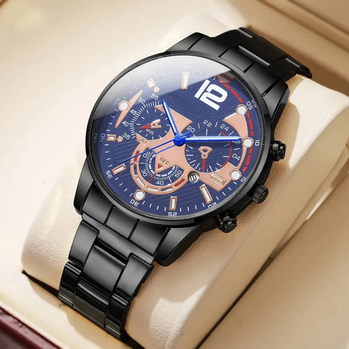 Fashion Men's Watches Stainless Steel Band Analog Quartz Wristwatch with Calendar