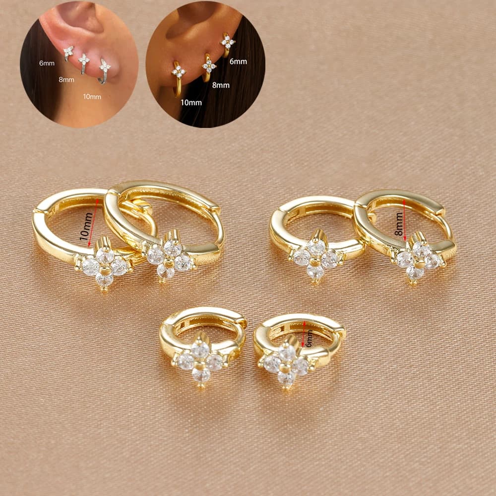 Stainless Steel Circle Earrings with Flower Shape Zirconia 6/8/10mm, Small Golden Circles, Trendy Circle Earrings