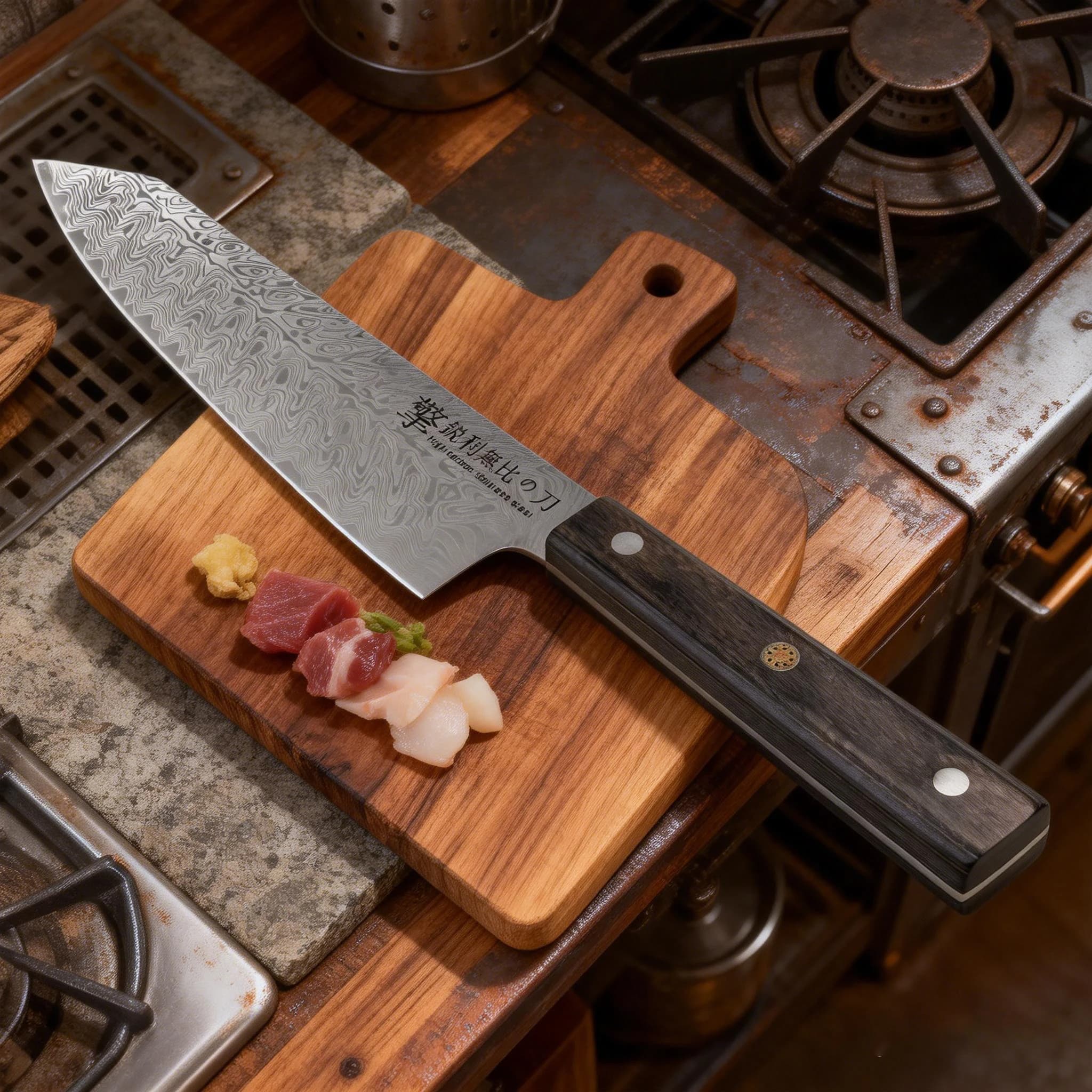 Professional kitchen knife, Japanese Santoku knife with damask steel structure, chef's kitchen knife, knife to slice and cut meat