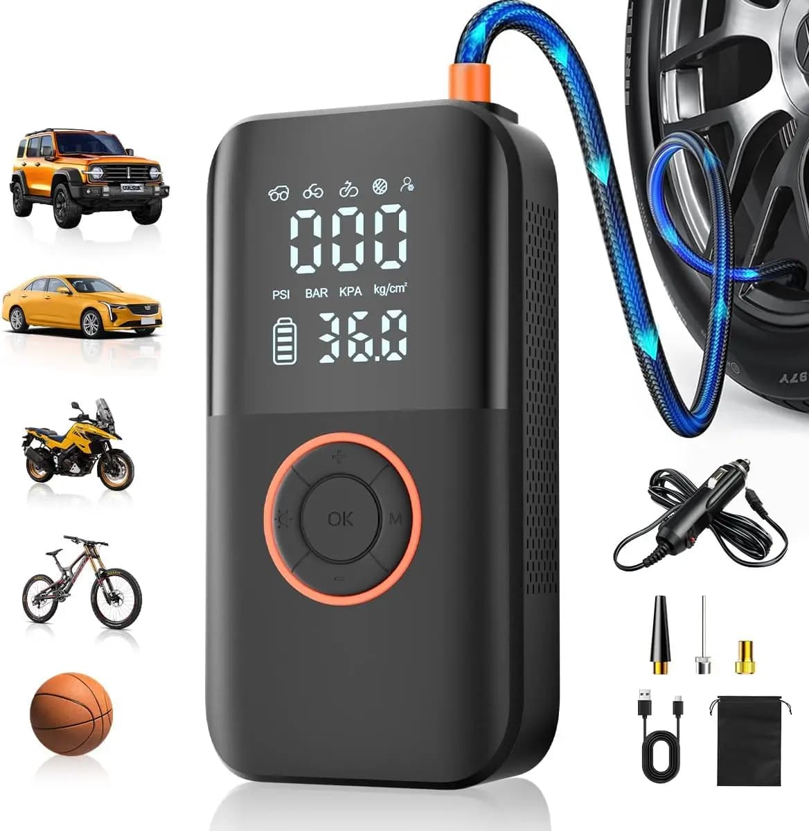 Portable Air Compressor, 150 PSI Wireless Tire Pump, dual power supply with automatic shutdown for cars, bikes, balloons, with LED light