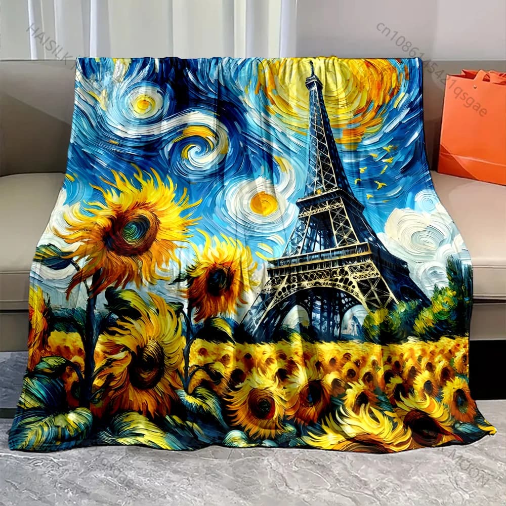 Coperta con motivo girasoli e torre Eiffel, materiale in flanella, morbido e caldo per tutte le stagioni, campeggio all'aperto, picnic, camper