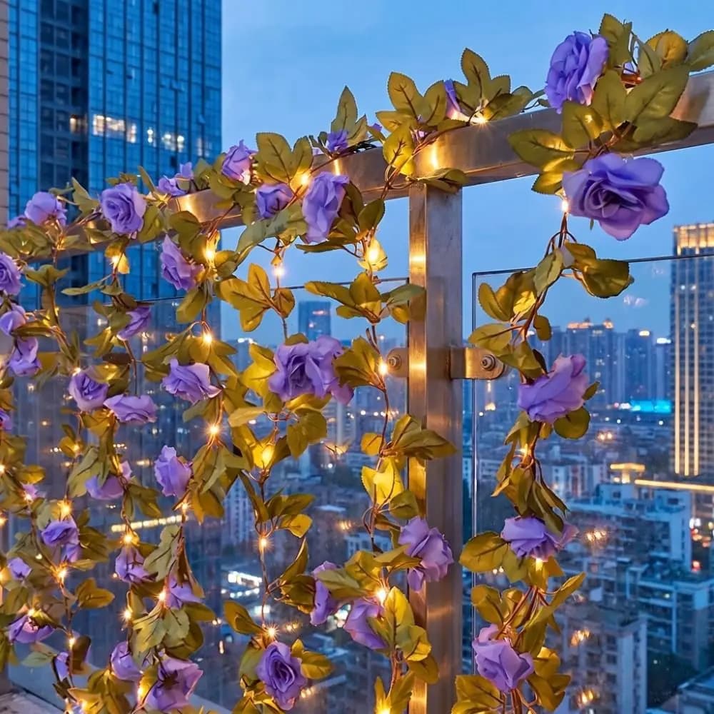 Blue Purple LED Vine Lights Artificial Flower Waterproof Rose String Lights Vine Design Decorative Lamp Outdoor String Lamp