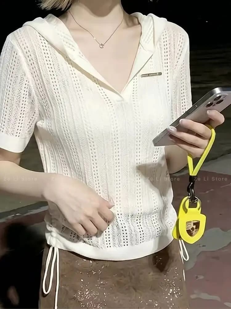 Korean Style Hollow-out Ice Silk Hooded Knit T-shirt Women's Summer 2026 New Layering Casual Hoodie Top Trendy