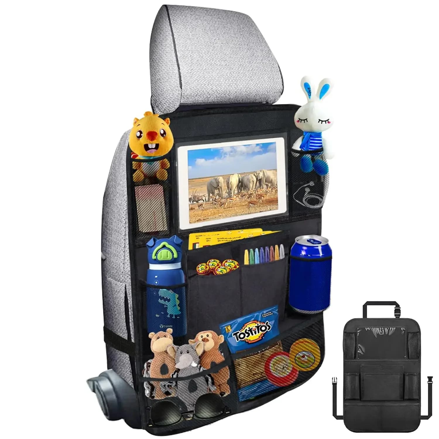 Organizer per Sedile Posteriore Auto con 10 Scomparti, Porta Tablet da 10 Pollici, Borsa Portaoggetti per Auto dei Bambini - Tessuto Oxford 600D, Nero