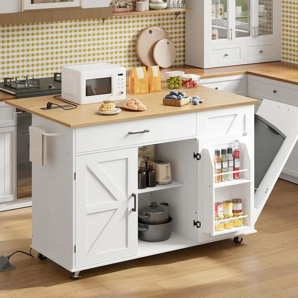 Isola da Cucina Bianca con Ruote, Contenitore per Rifiuti, Presa di Corrente, Piano Ribaltabile e Portasciugamani