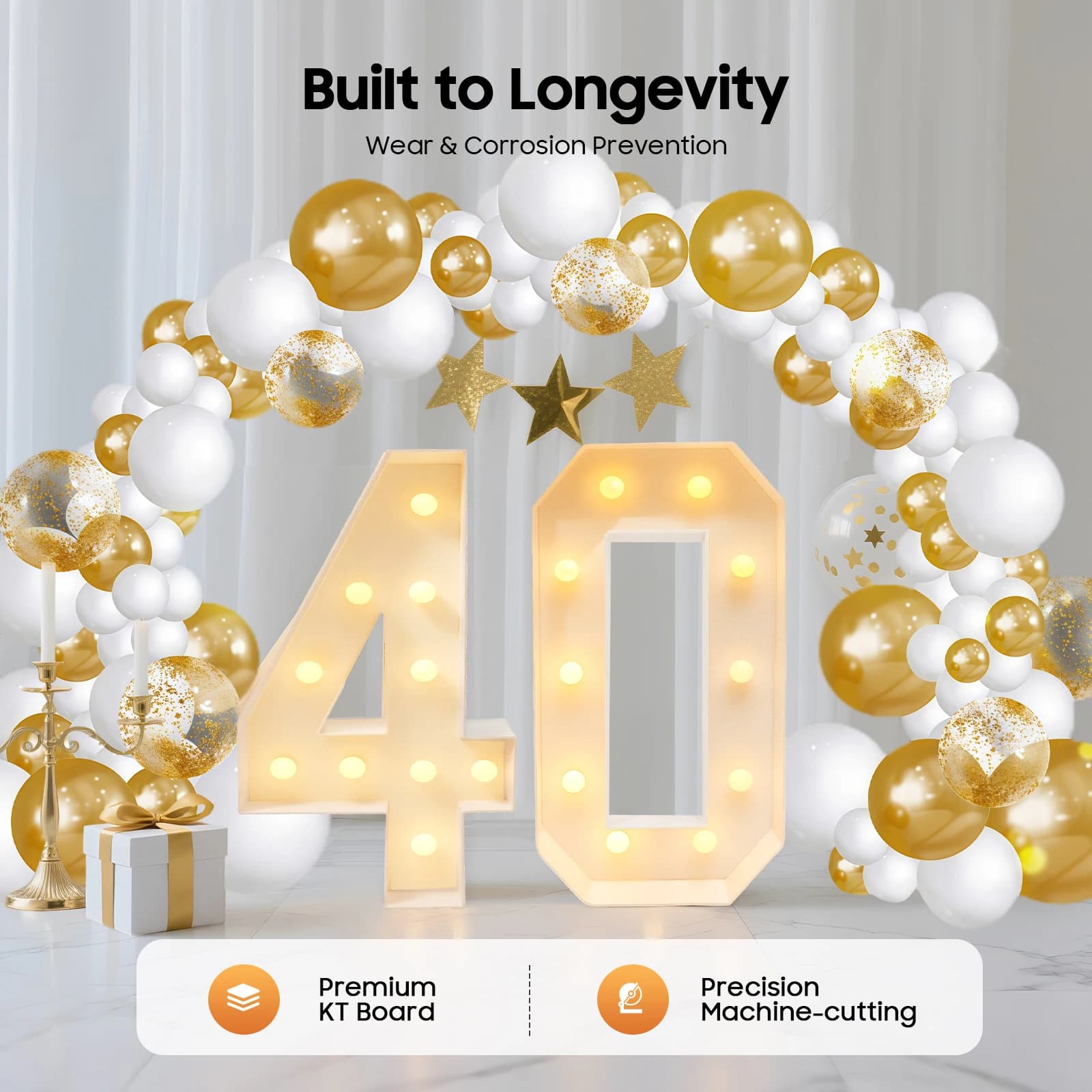 40 numeri luminosi Alimentati a batteria LED bianco caldo Grande decorazione per anniversario di compleanno per sfondo di feste per interni 39,37 pollici