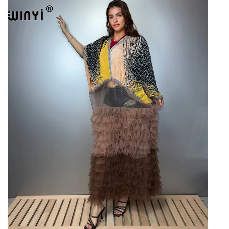 WINYI Abito estivo plissettato Design stropicciato Scollo a V prospettiva soffice abito boho Maxi vacanza Elegante abito da sera abaya
