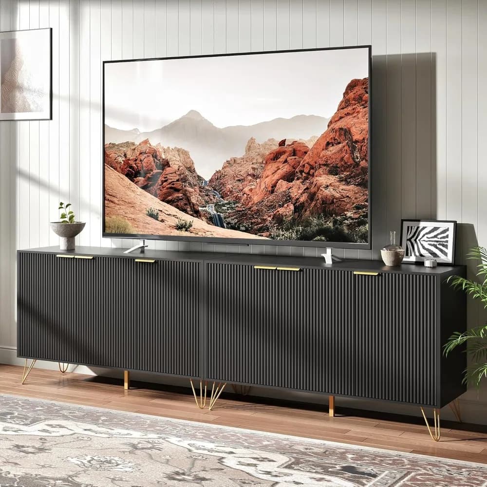 Mobile TV Scanalato per TV da 100 Pollici, Supporto TV Nero per Soggiorno, Centro Intrattenimento Moderno con Spazio di Archiviazione, Personalizzabile