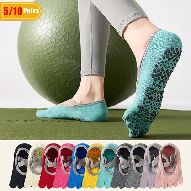 5/10 Pairs Women's Cotton Yoga Five Finger Socks Sweat-Absorbing Soft Non-Slip Silicone Casual Pilates Gym Boat Toe No Show Sock