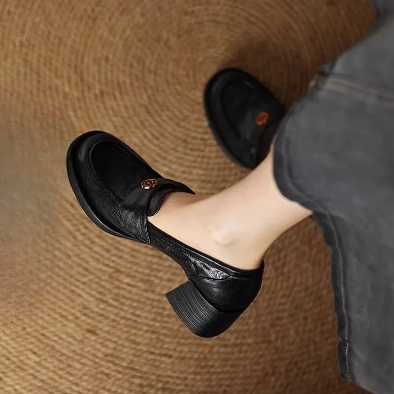 2025 Autumn new women in sheepskin brief-on oxford 5.5 cm thick heel high casual moccasins female moccasins with heel shoes for woman