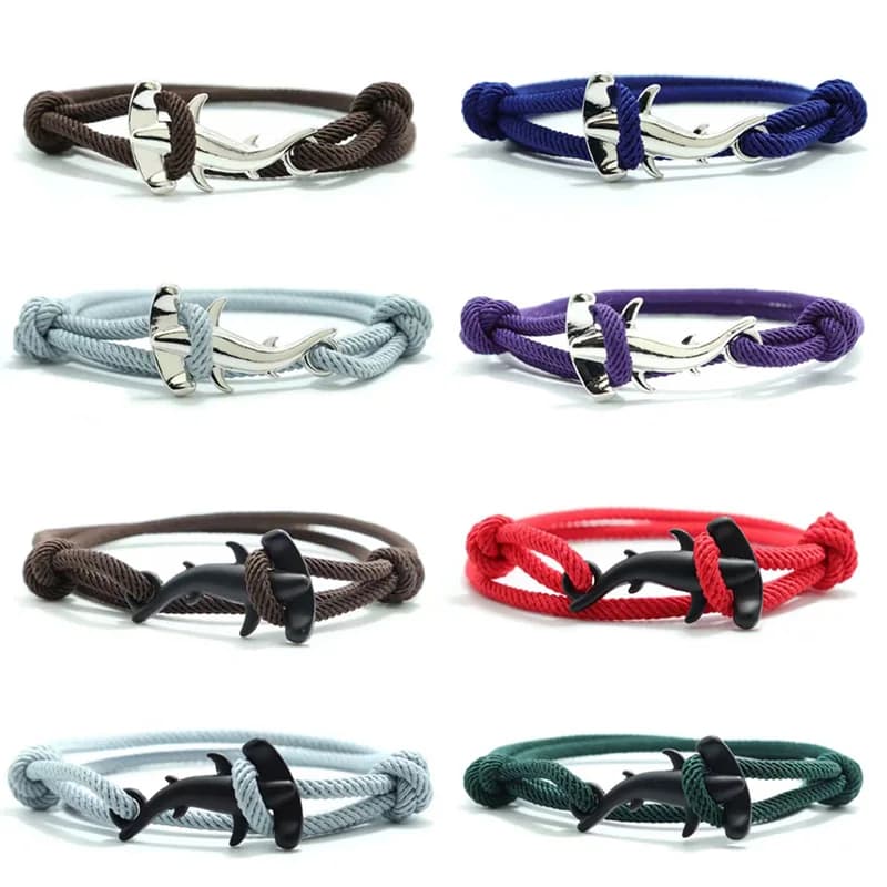 Marine Flat Shark Rope Bracelet Unisex Grade A Handmade Knitted Bilayer Cord Braclet Silver Black Color Surfing Couple Jewelry