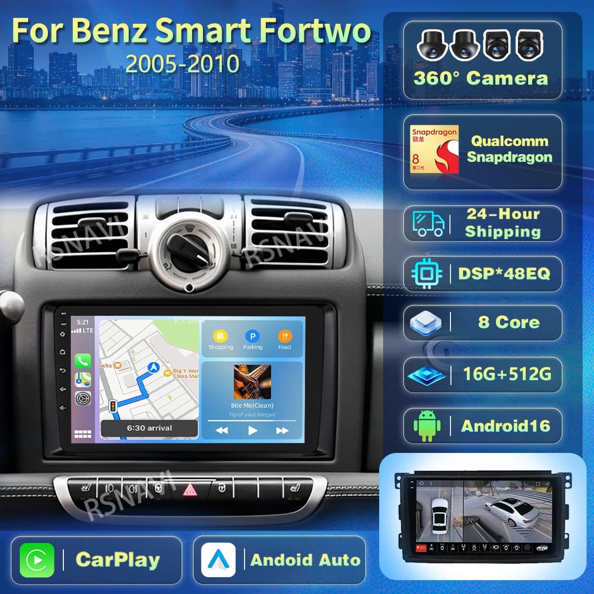 Autoradio Android 16 Carplay per Smart ForTwo W451 2006 2007 2008 2009, Navigatore GPS, Lettore Multimediale, Stereo, WIFI