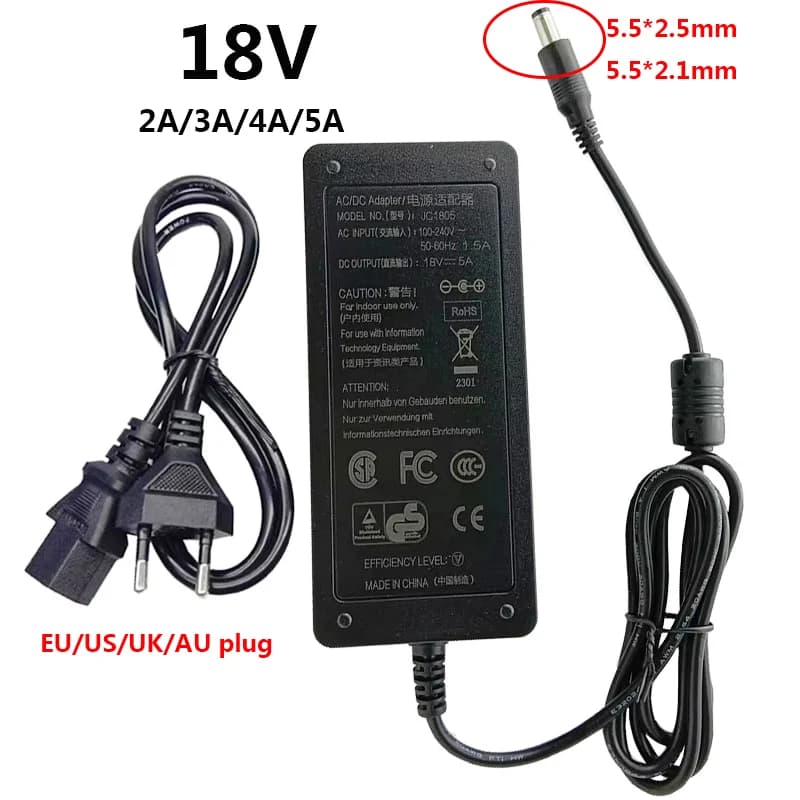 Trasformatore 18V 18V2A 18V3A 18V4A 18V5A Adattatore di alimentazione universale da 18 Volt Adattatore CA CC Spina UE USA UK AU Sorgente 5,5x2,5 mm
