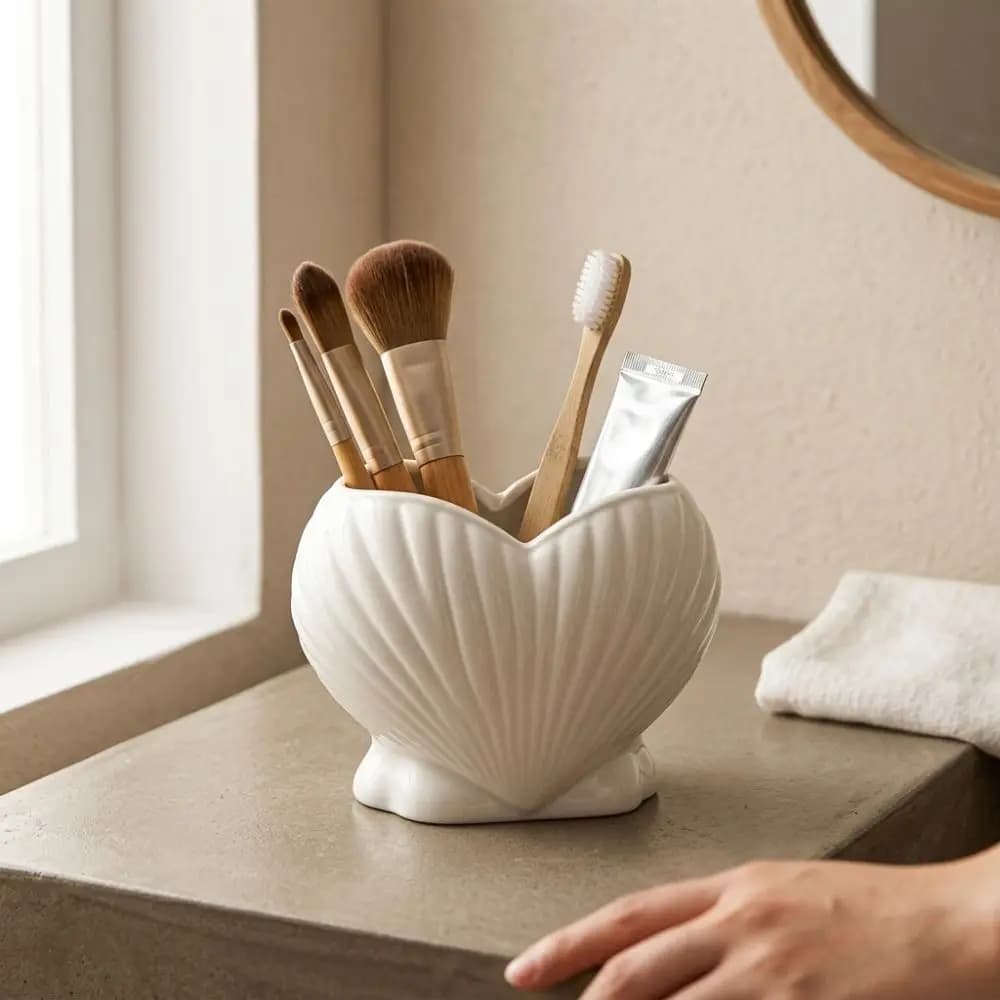 3D Printed Shell Shape Toothpaste Toothbrush Holder Aesthetic Coastal Style Heart Shell Desk Organizer Plastic Stable Base
