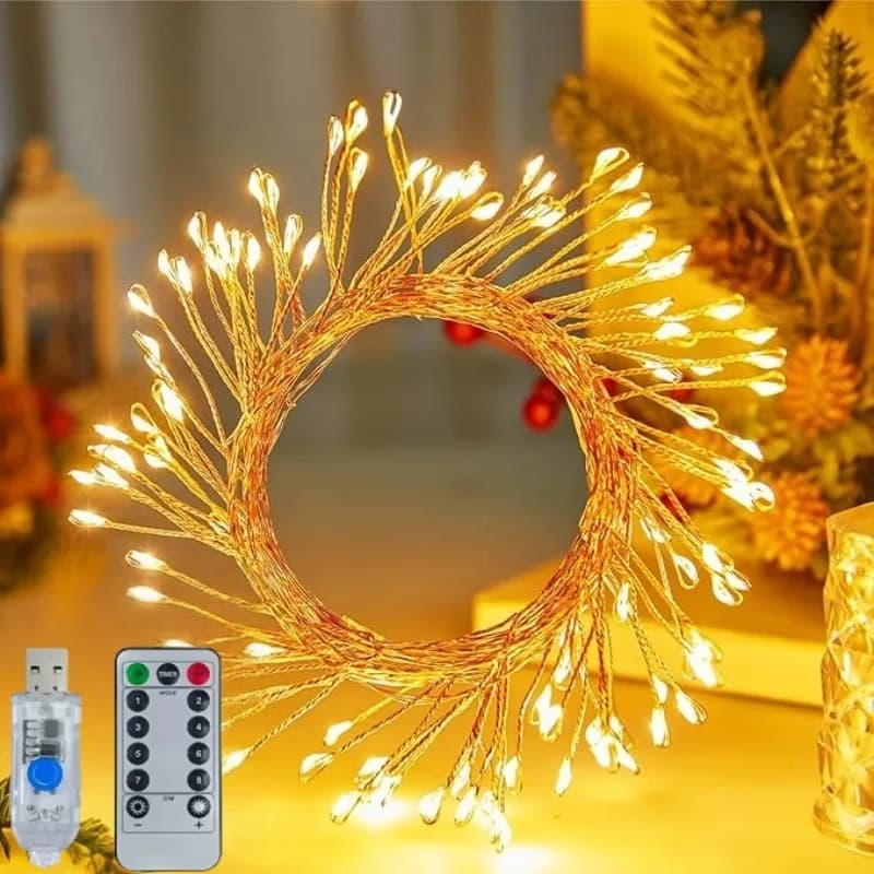 Luci LED USB a Forma di Petardi con Telecomando, Luci a Stringa con Filo Argentato, Luci Fatate per Decorazioni di Feste, Matrimoni e Natale