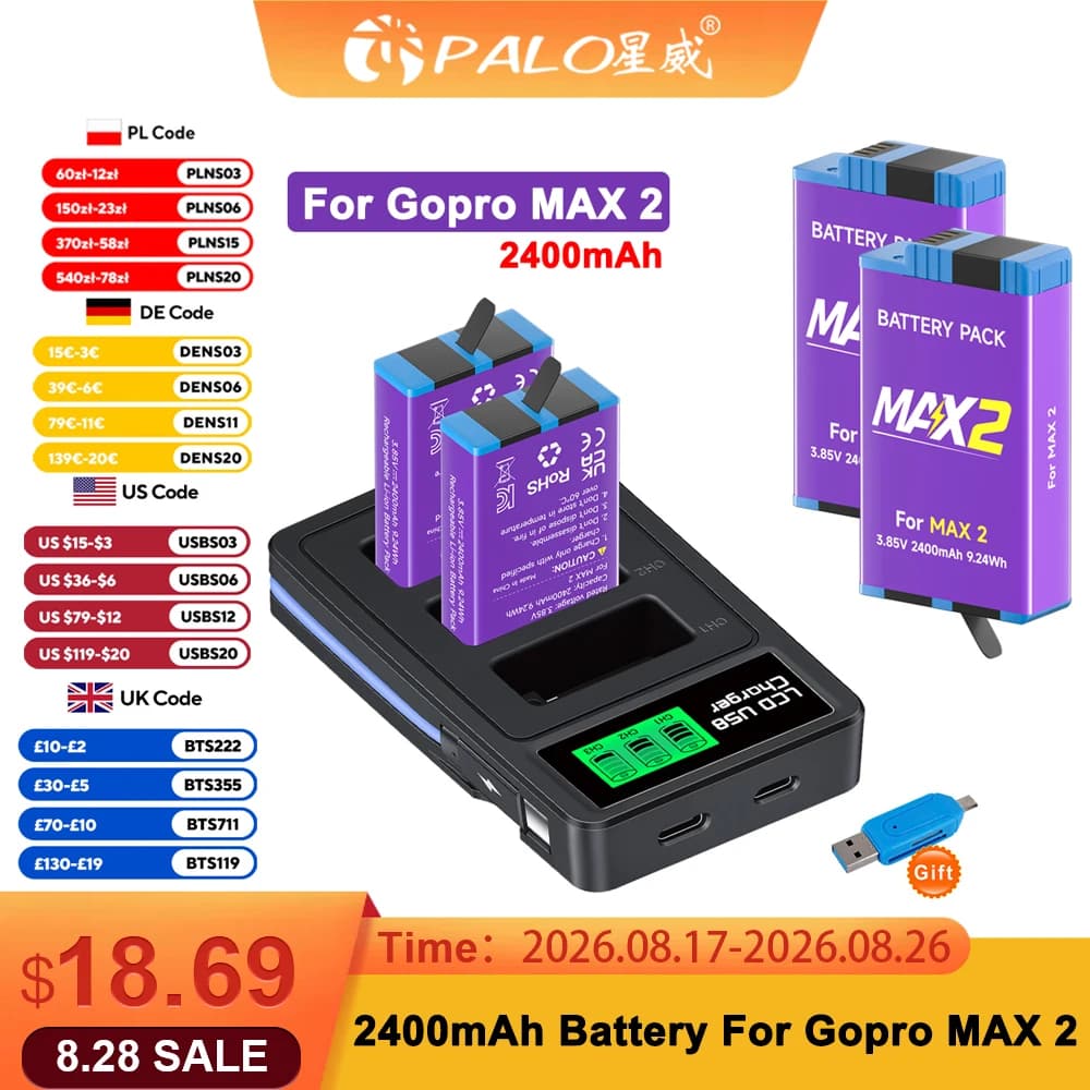 2400mAh Battery For Go Pro MAX2 Rechargeable Lithium Battery+3-Slots LCD Charger For Gopro Max 2 Action Camera Accessories