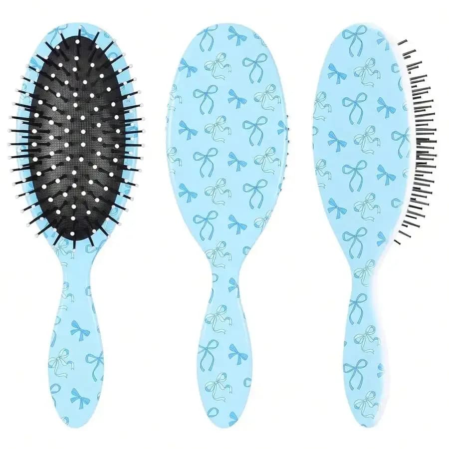 Detangling Hair Brush For Women With Bow Pattern Blue Pain-Free Curly Hair Brush