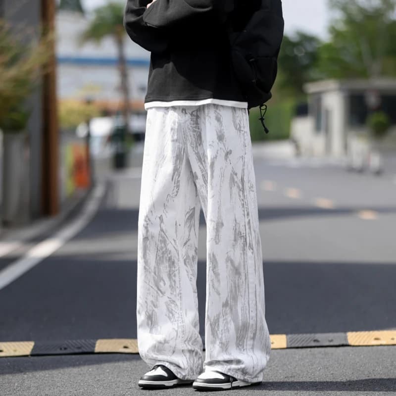 Jeans da uomo classici jeans a gamba dritta pantaloni in denim tie-dye bianchi pantaloni casual moda unisex streetwear stile hip hop lavato