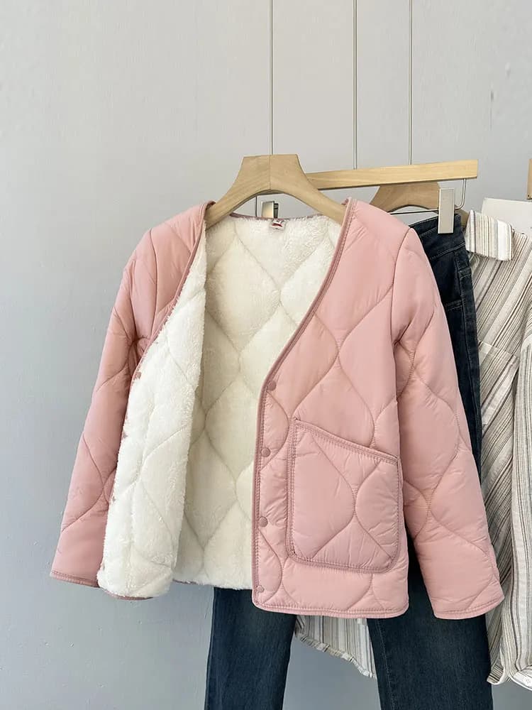 Women's Cotton Jacket Warm down Cotton Inner Short Base Layer Fleece Lined Coat V-neck Long Sleeve Thickened Autumn Winter