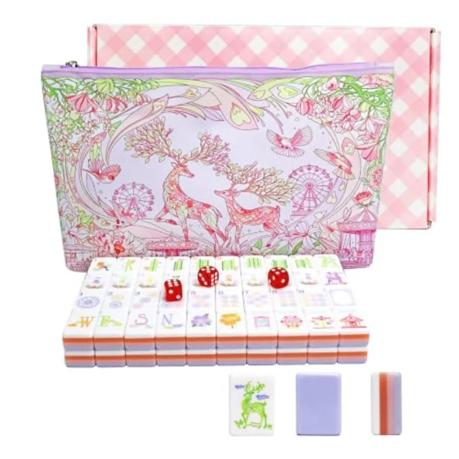 American Mahjong Game Set for family game night and travel: 160 ivory tiles with red accents, durable plastic, includes 3 dice