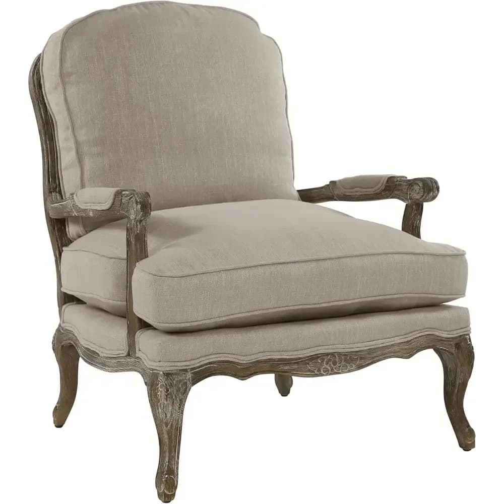 French Country Style Accent Chair - Traditional Living Room Furniture, Padded Arms, Reversible Cushion, Solid Wood, Neutral Tone