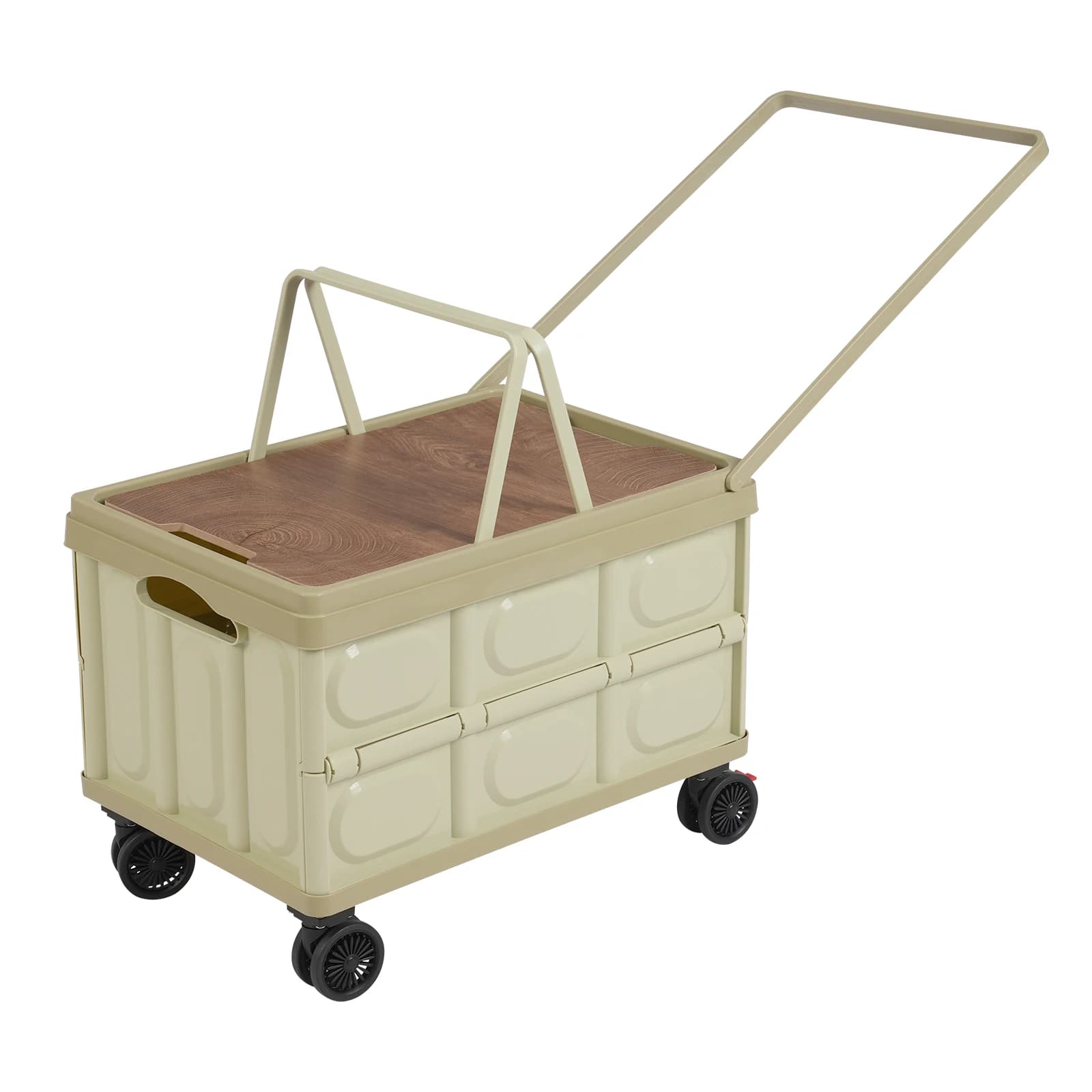 Foldable Plastic Crate, Rolling Box with Wooden Cover, Collapsible Storage Box, Camping Trolley, 55L, for Indoor and Outdoor Use