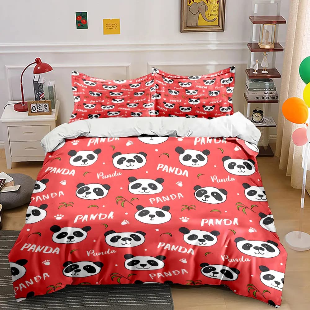 Set copripiumino con motivo panda dei cartoni animati su sfondo rosso, stampa digitale, biancheria da letto colorata in poliestere con chiusura a cerniera