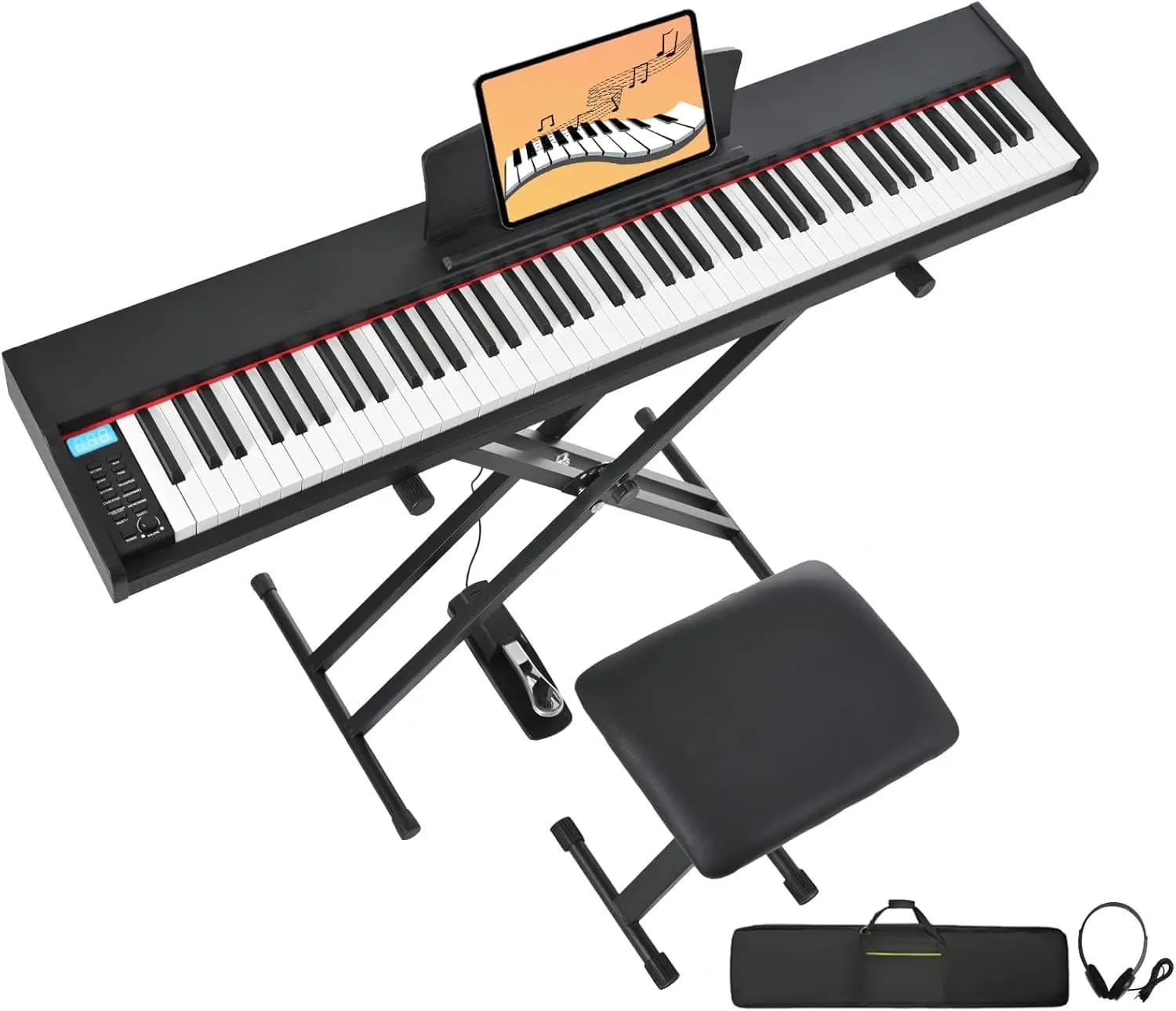 88-Key Full Size Semi-Weighted Digital Piano for Beginners with Adjustable Stand, Carrying Case, Sustain Pedal, Headphone, and Piano Bench (Black)