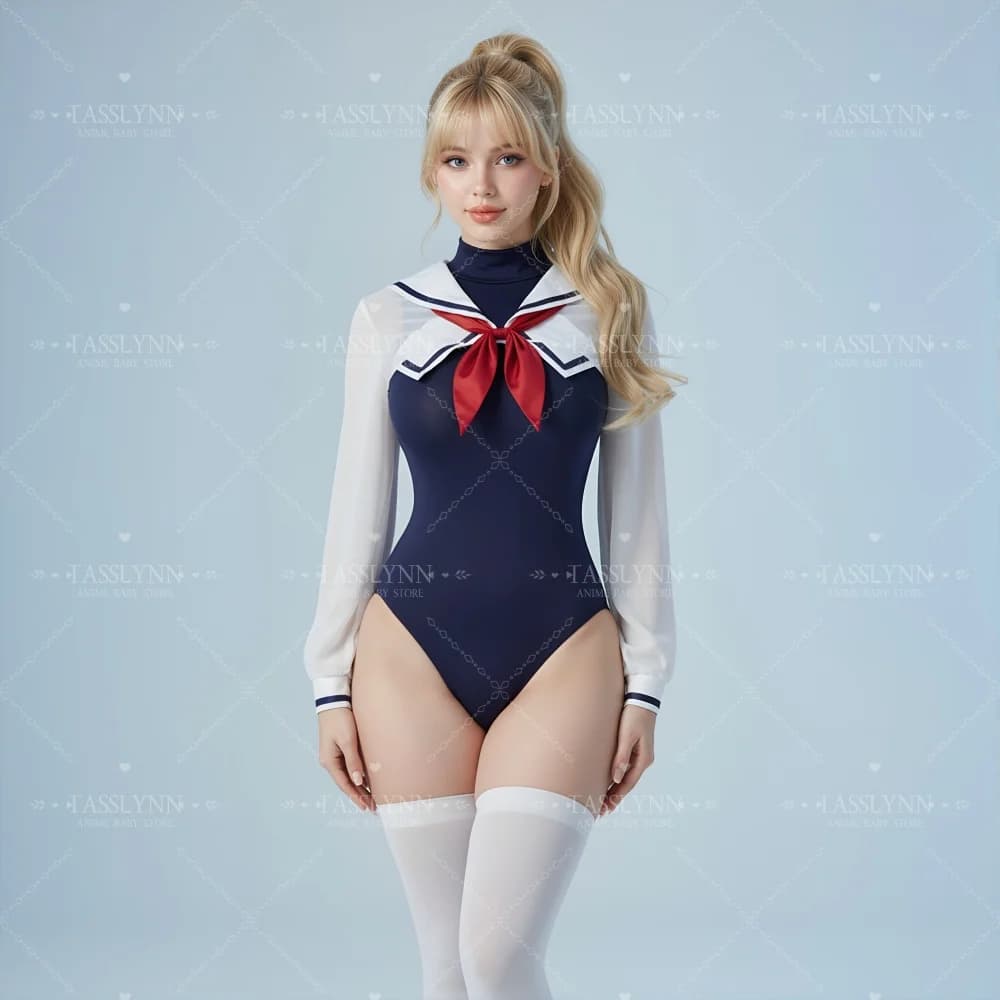 Costume da bagno intero da donna a maniche lunghe stile anime giapponese, modello marinaio, con collo alto