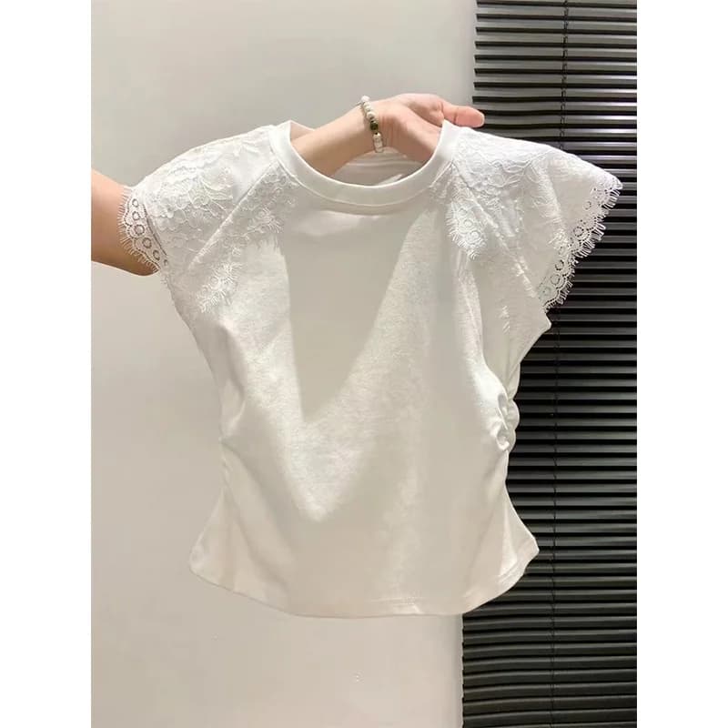 Slim Fit Lace Trim Splice Folded Cap Sleeve Unique Top Elegant T Shirt Summer Short Style Commute Korean Loose Cotton Print