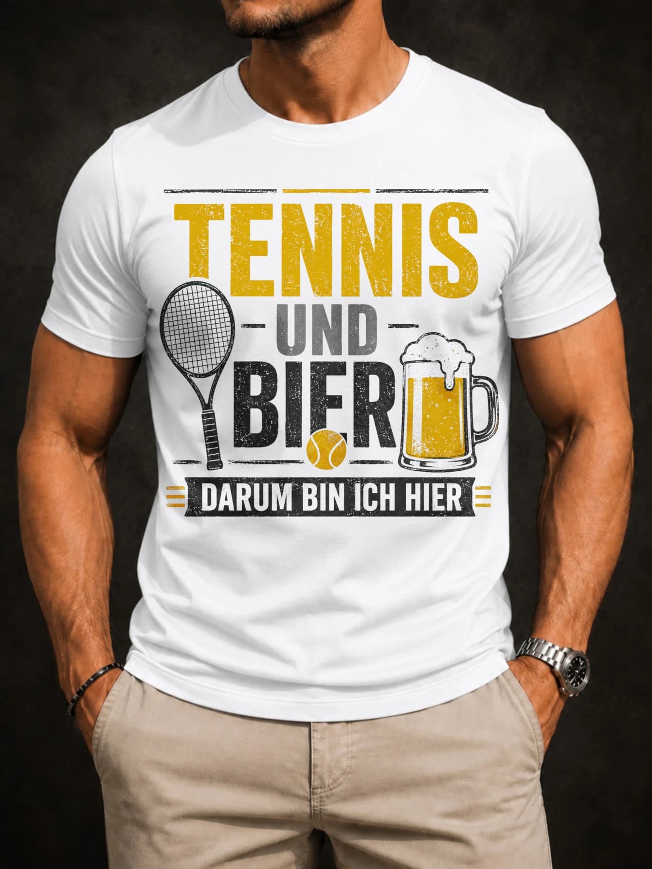 Tennis Und Bier Graphic with racket tennis ball foamy beer glass and German Darum Bin Ich Hier Unisex All T-Shirt